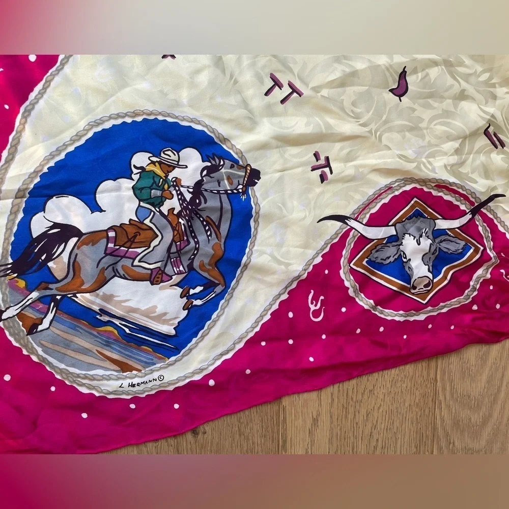 Vintage L Hermann Western Themed Silk Scarf - Pink and Cream